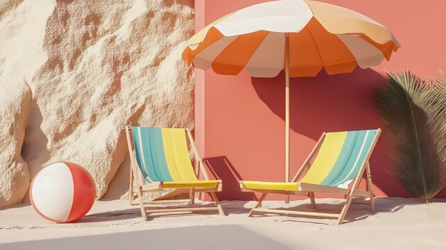 Beach chairs and umbrellas with beach ball, summer season