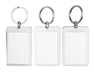 Minimalist Flat Lay of Multiple Empty Clear Plastic Keychains with Metal Rings, Transparent Background