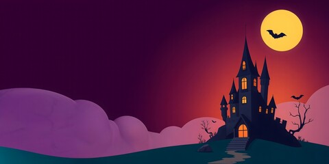 Vibrant Halloween night with eerie castle and moonlit sky creating a spooky atmosphere, card or banner with copy space