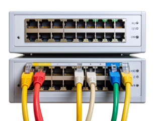  Minimalist Flat Lay of Network Switches with Rainbow Ethernet Cables, Transparent Background