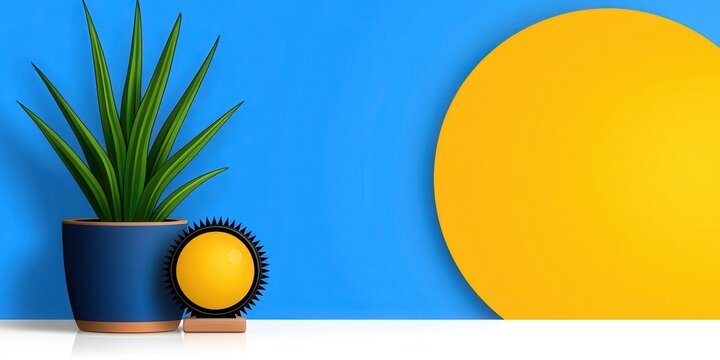 Pixel Art Succulent and Yellow Sphere on Blue Background - Powered by Adobe