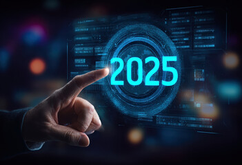 Human hand pointing towards a glowing blue holographic display showing the year 2025 in a futuristic interface