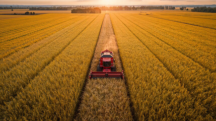 Top view of endless golden rice fields, harvesters, sunset.