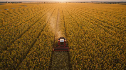 Top view of endless golden rice fields, harvesters, sunset.