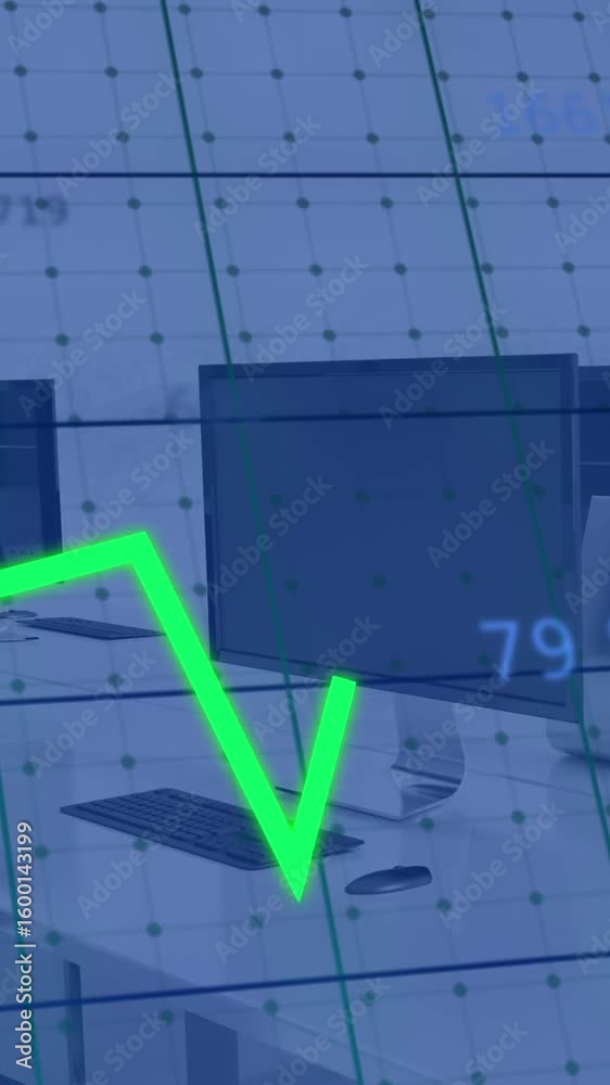 Poster animation of lines and financial data processing over computers in office