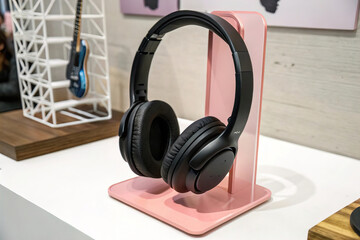 Black Headphones on Pink Acrylic Stand