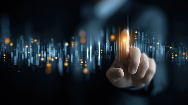 Hand Interacting with Digital Data Charts Graphs and Statistical Information Displayed
