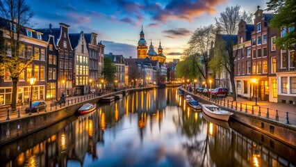 Naklejka premium A picturesque canal in amsterdam reflects the warm lights