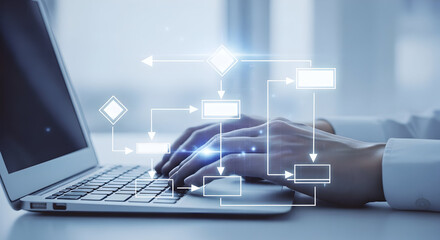 "Close-up of Businessman Typing on Laptop Keyboard with Digital Flowchart and Data Overlay in Office"
