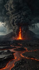 Vertical banner, wallpaper for social media of Rain is blowing out magma of active volcano