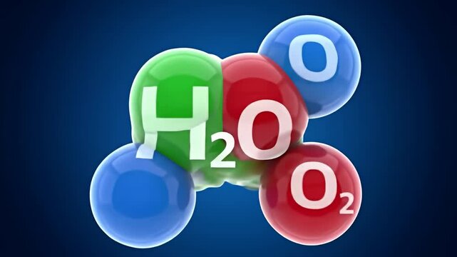 H2O plus O2 molecule with colored spheres forming a 3D illustration, on a blue backdrop