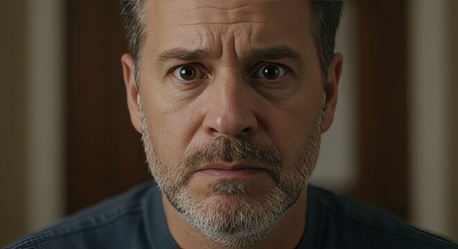 Close-up portrait of a middle-aged man with a concerned and contemplative expression on his face