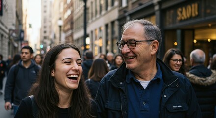 Obraz premium Joyful intergenerational connection on vibrant city street with diverse crowd and laughter