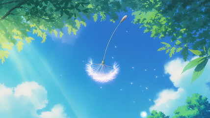 The illustration depicts a serene, summery atmosphere with vivid blue and green tones, framed by lush foliage and fluffy white clouds.