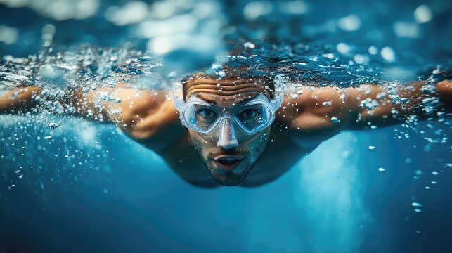 Swimming and diving underwater, pool splash, streamlined motion, aquatic sport, controlled breath, fitness exercise, water play, stroke technique, athletic form