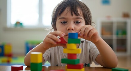 Concentrated young boy building colorful tower with geometric wooden blocks