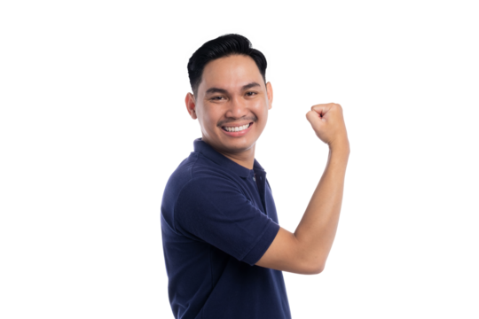 Smiling Asian man showing bicep and flexing arm with confident expression isolated on transparent background