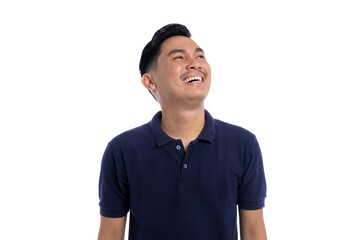 Happy Asian man looking up and laughing with joyful expression isolated on transparent background