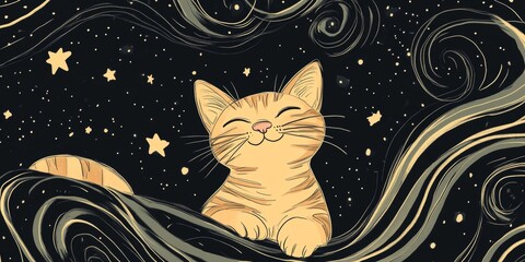 This charming illustration features a cute cat sitting among stars and swirling clouds. The whimsical design evokes feelings of joy, serenity, and creativity.