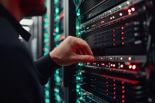 A technician configuring a server rack with blinking lights in a data center environment setting