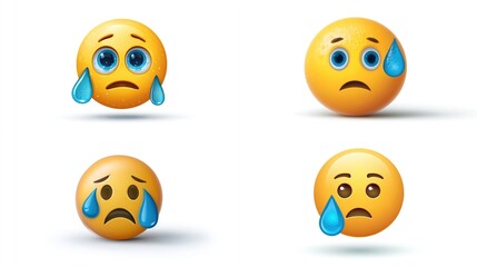 Obraz premium Four yellow emoji faces, each with teardrops, portray sadness. Two faces have wide, expressive eyes and two have more neutral expressions. All on a white background