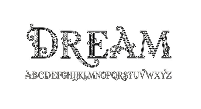 Ornate Decorative Font Displaying DREAM and Alphabet