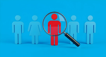 "Magnifying Glass Highlighting Red Human Figure Among Grey Silhouettes Representing Recruitment and Selection Process"