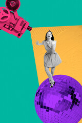 Sketch image 3d pop banner collage of happy girl dance disco ball pinup occasion rec camera...