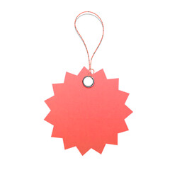 Blank red starburst sale tag with a string loop, isolated on a transparent background. A symbol of pricing, promotions, and special offers in retail.