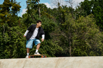 Skateboarding adventure in a sunny park with vibrant greenery all around