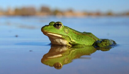 Obraz premium Green frog resting on water (1)