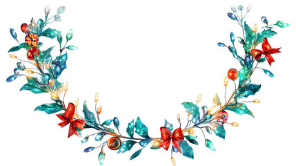 &bull; A festive wreath with lights and bows for the holidays, isolated on white background in HD 