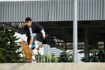 Young man enjoys a sunny day skateboarding at the park with style and skill while having fun