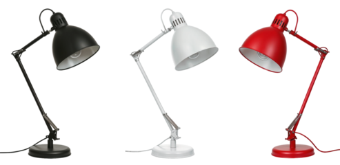 three classic adjustable desk lamps in black, white, and red colors
