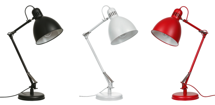 three classic adjustable desk lamps in black, white, and red colors