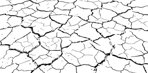 Detailed black and white illustration of cracked dry earth texture, showing deep fractures and fragmented surface. Ideal for drought, climate change, or desert-themed design and backgrounds.