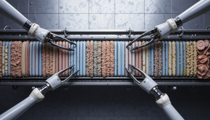 Robotic arms handling colorful candies in production line, showcasing automation in confectionery manufacturing, with focus on precision and efficiency, in modern factory setting