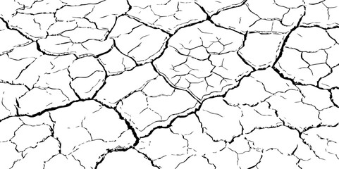 Detailed black and white illustration of cracked dry earth texture, showing deep fractures and fragmented surface. Ideal for drought, climate change, or desert-themed design and backgrounds.