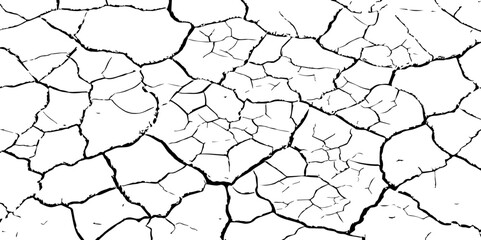 Detailed black and white illustration of cracked dry earth texture, showing deep fractures and fragmented surface. Ideal for drought, climate change, or desert-themed design and backgrounds.