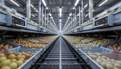 Modern industrial storage facility with organized crates of fresh eggs arranged in rows under bright lighting, creating clean and efficient environment for food storage and distribution