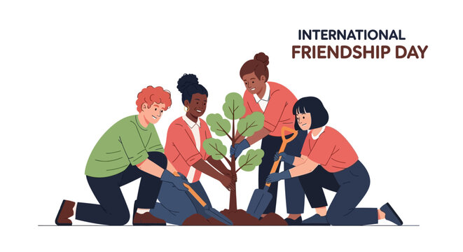 Diverse Group Planting Tree for International Friendship Day Celebration
