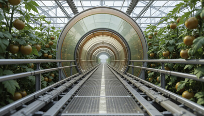 Futuristic indoor greenhouse with tunnel walkway surrounded by lush green plants and ripe fruit, illuminated by natural light through glass ceiling, creating vibrant and innovative environment