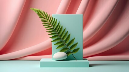 Product display mockup with pastel background, fern leaf and stone, minimalist style
