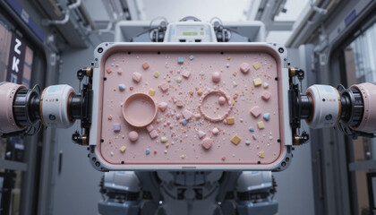 Robotic arm holding tray filled with colorful candies high tech laboratory or manufacturing environment, showcasing advanced automation and precision technology, with focus innovation and modern