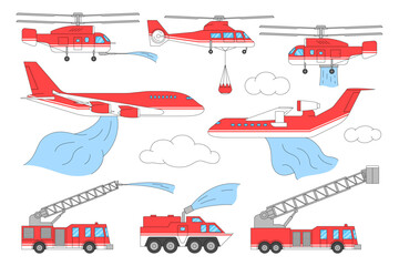 Fire trucks, airplanes and helicopters. Set of firefighting equipment. Vector illustration.