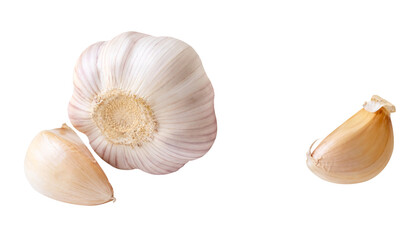 Top view set of one unpeeled garlic bulb and two garlic cloves isolated on white background with clipping path.