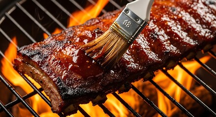 Pork ribs being basted with barbecue sauce on a grill with flames basting