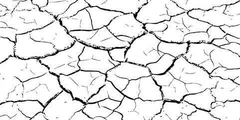 Detailed black and white illustration of cracked dry earth texture, showing deep fractures and fragmented surface. Ideal for drought, climate change, or desert-themed design and backgrounds.