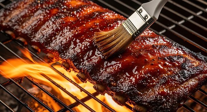 Pork ribs being basted with barbecue sauce on a grill with flames basting 1