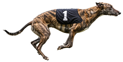 a fast brindle greyhound race dog with number one bib jumping